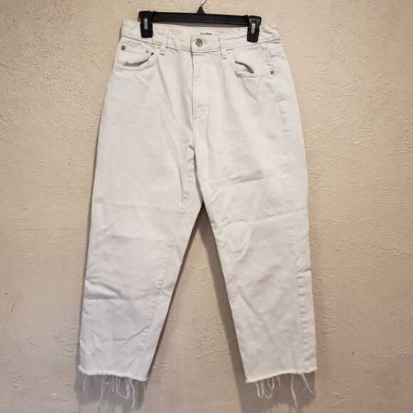 Pull&Bear Slim Denim Fit Mom Raw Hem Jean, Women's Size 8 - White - Picture 3 of 11